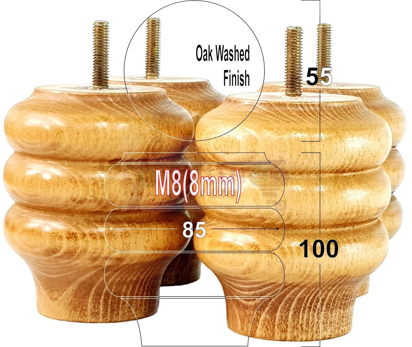Set Of 4 Solid Wood Turned Furniture Legs Replacement Bun Feet 100mm High 8mm Thread