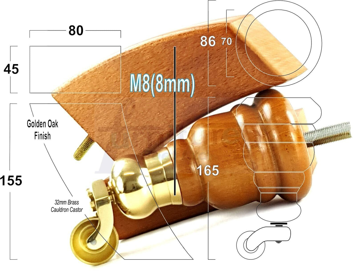 Turned Wood Furniture Feet Golden Oak 2 With Castors 155mm and 2 Curved Back Legs Sofas Chairs Stools Cabinets Beds M8 6 Inches