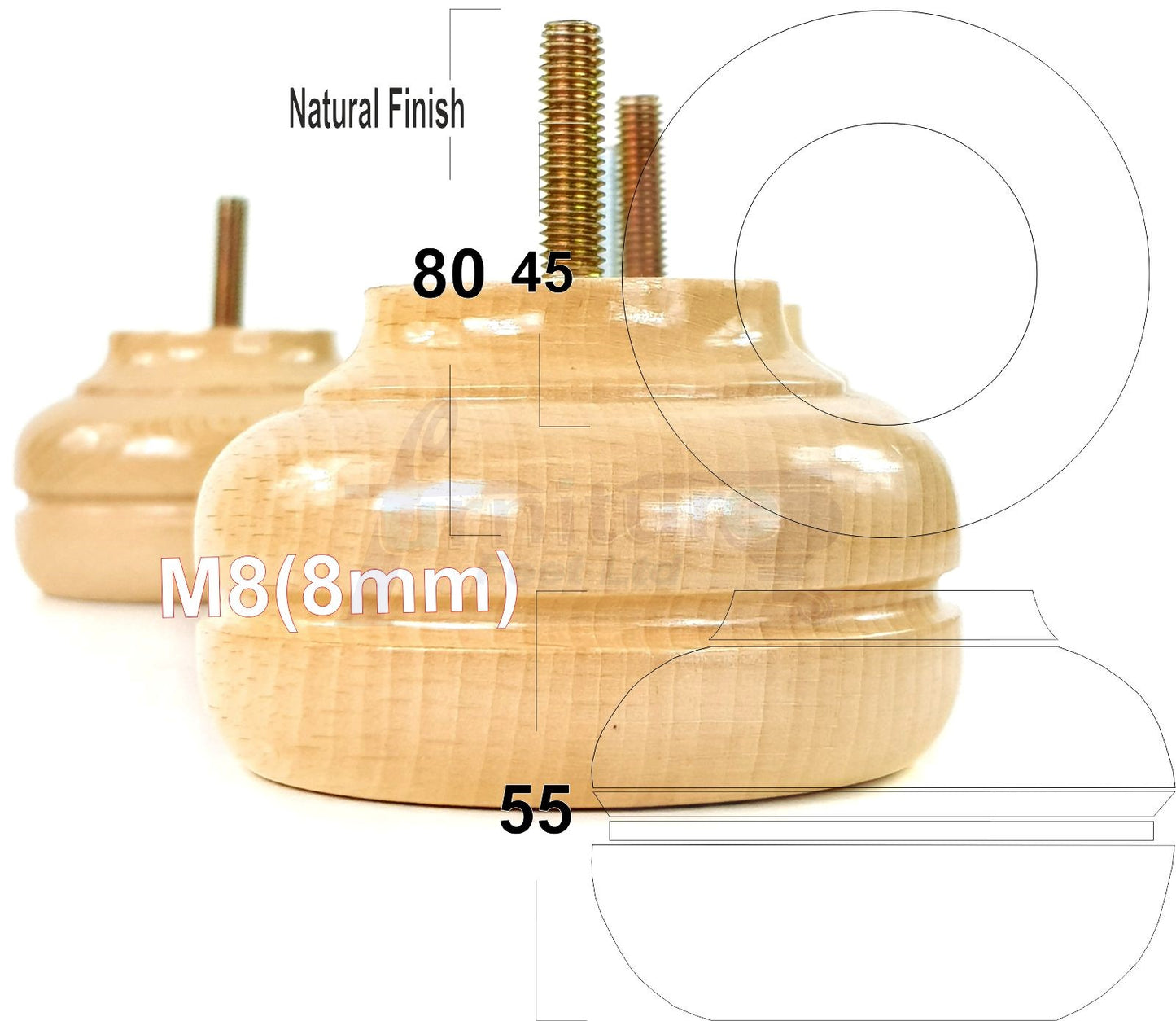 4x Soild Turned Wood Replacment Furniture Legs Sofa Feet 55mm High 8mm Thread