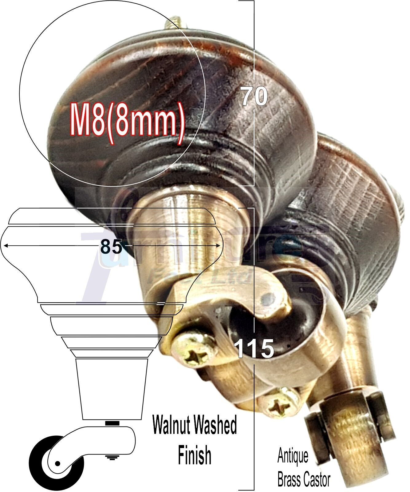 4x Dark Walnut Washed Wooden Furniture Sofa Legs M8 With Castors Replacement Chair Settee Feet 115mm - 125mm High
