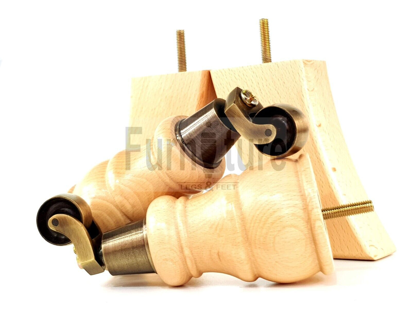 2 Wooden Castor Furniture Sofa Legs & 2 Curved Back Feet  Natural M8 Chair Settee Feet 160mm High