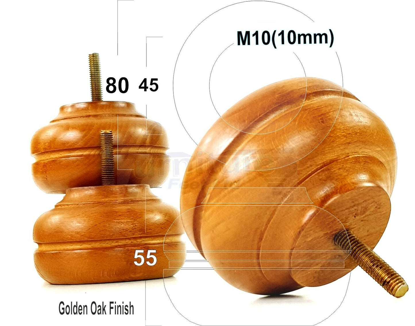 4 Wood Turned Replacement Furniture Legs Sofa, Chair, Settee Feet 55mm High M10 Thread