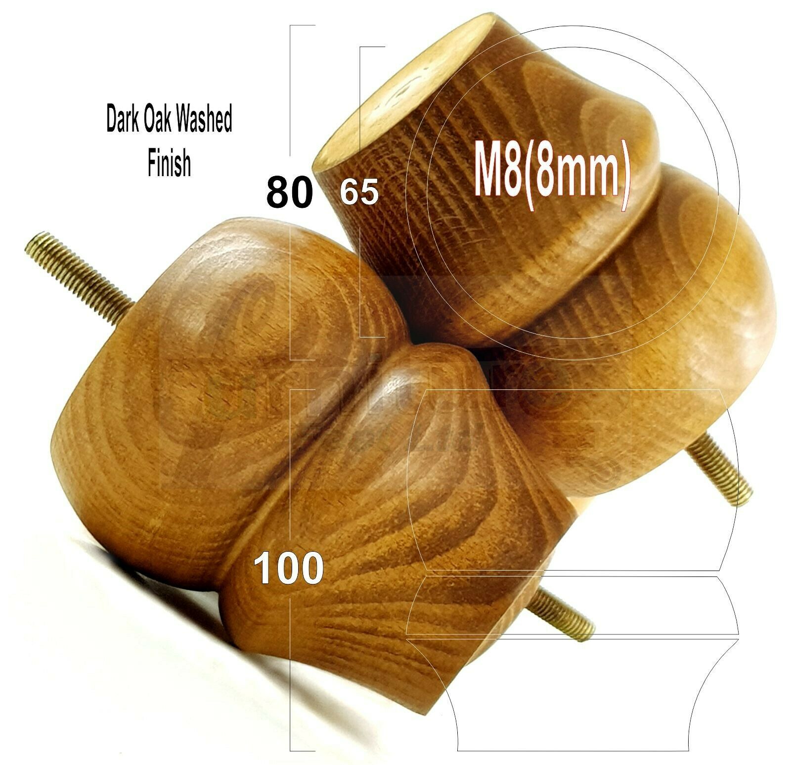Set Of 4 Solid Wood Turned Furniture Legs Replacement Bun Feet 100mm High 8mm Thread  