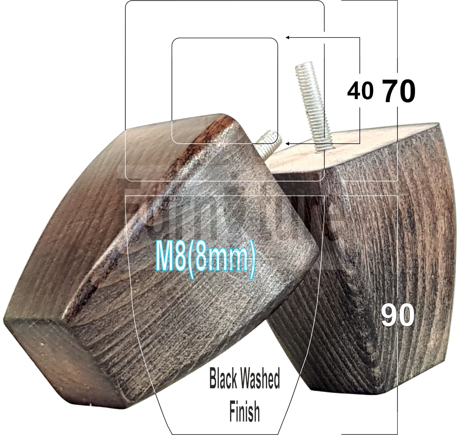 Set Of 4 Solid Wooden Block Furniture Feet Replacement Legs 90mm High M8(8mm)