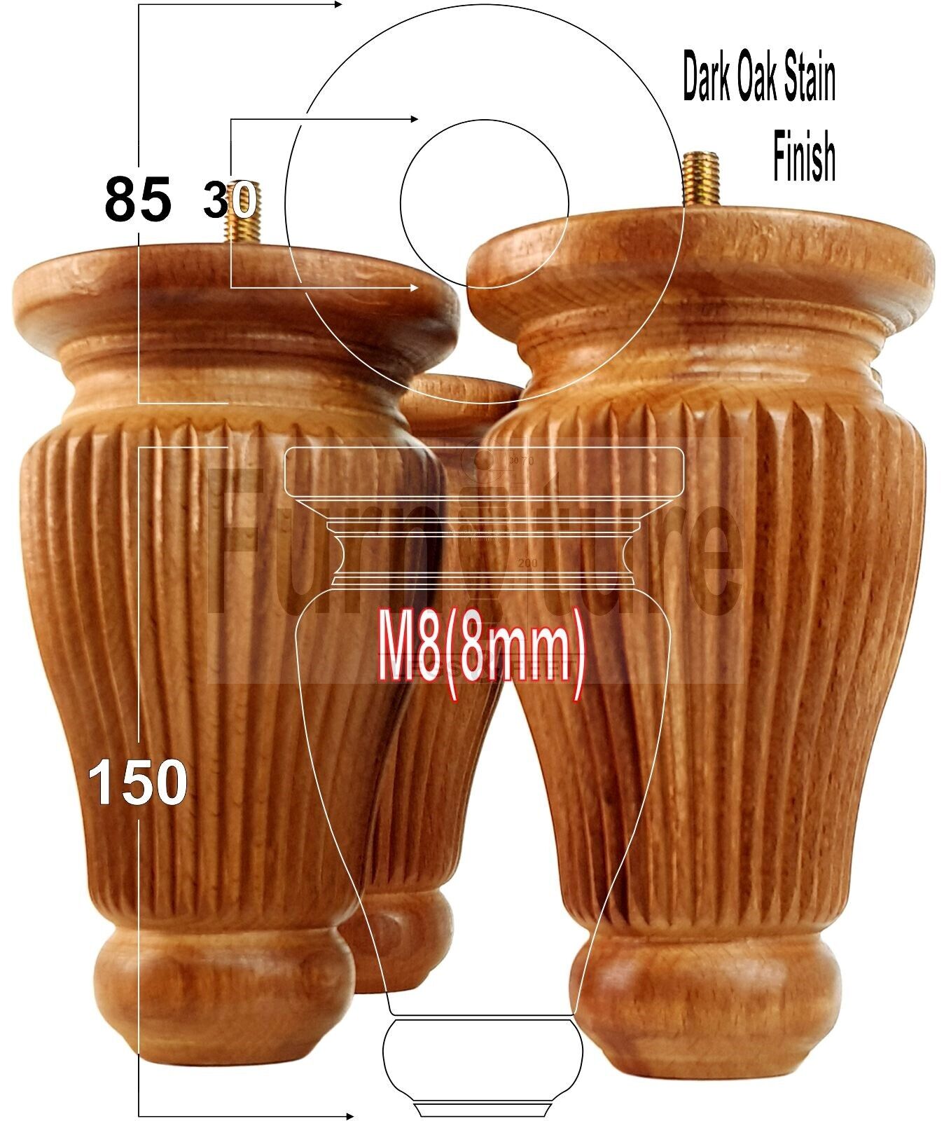 4 Solid Wood Traditional Turned Furniture Legs Replacement Bun Feet 150mm High Multiple Colours Chairs Stools Sofas Beds Settee Cabinets M8