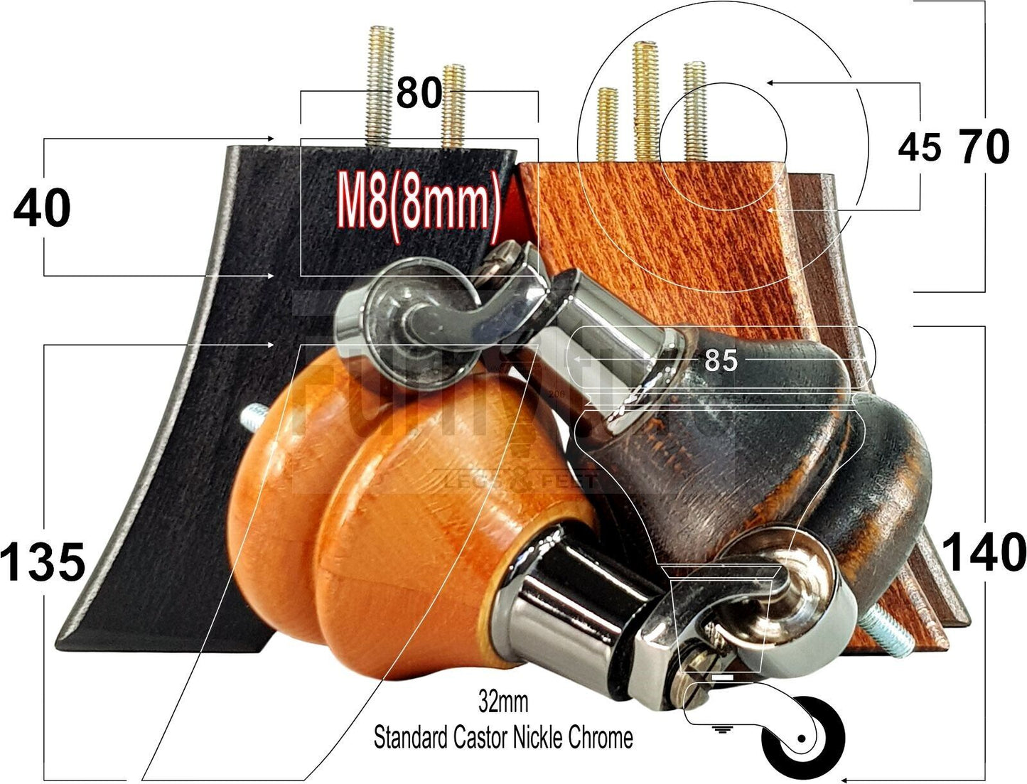 Turned Wood Furniture Feet 2 With Nickle Castor 140mm & 2 Curved Back Legs Sofas Chairs Stools Cabinets Beds M8