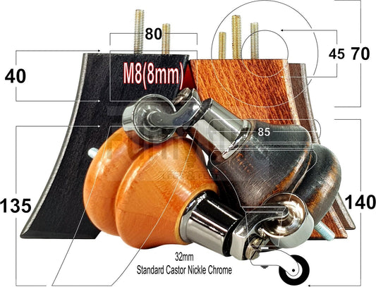 Turned Wood Furniture Feet 2 With Nickle Castor 140mm & 2 Curved Back Legs Sofas Chairs Stools Cabinets Beds M8