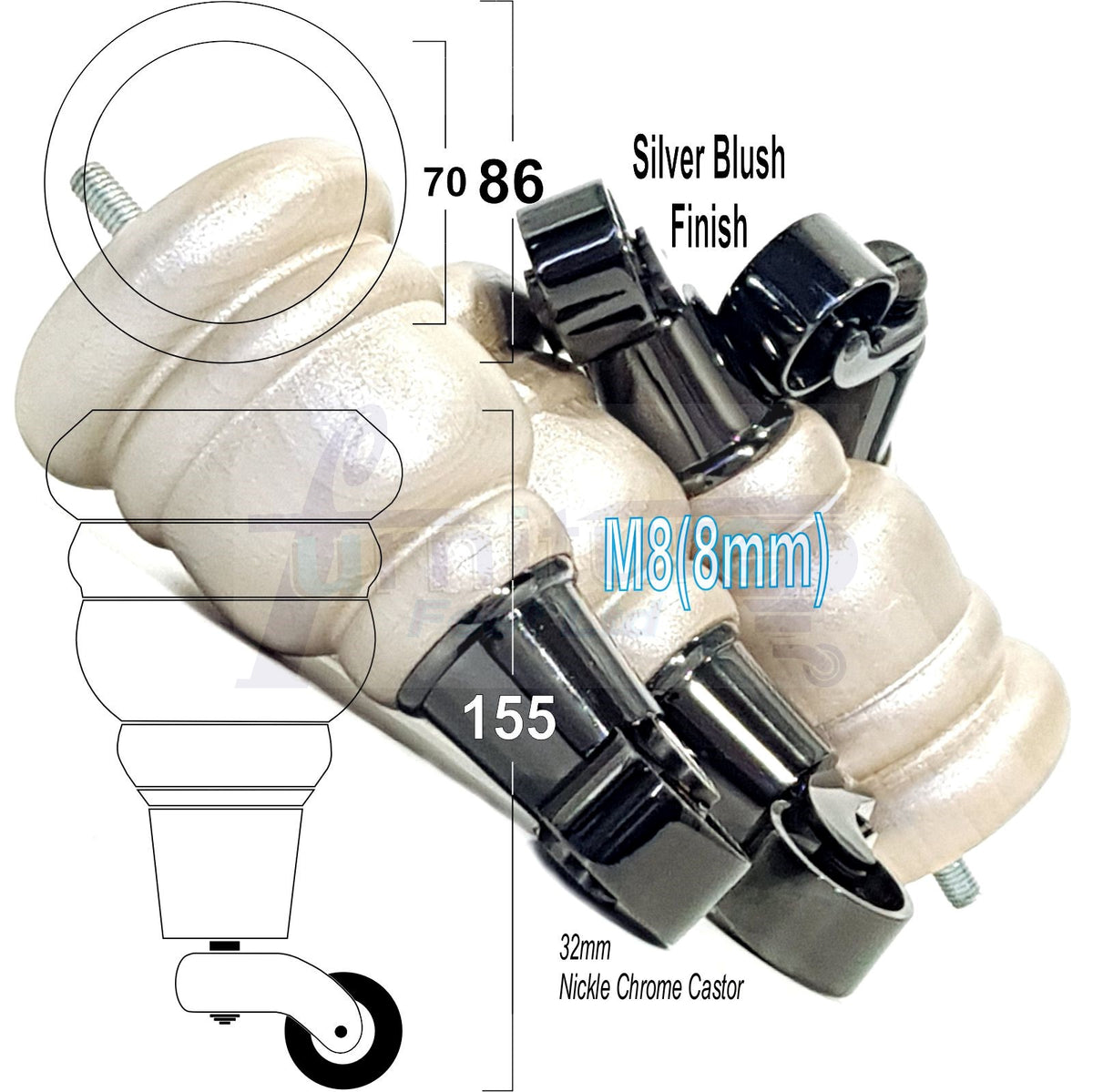 4 Turned Wooden Replacement Furniture Legs with Castors 6 Inch 155mm High Sofa Feet M8 Dowl Fixing - Black Castor