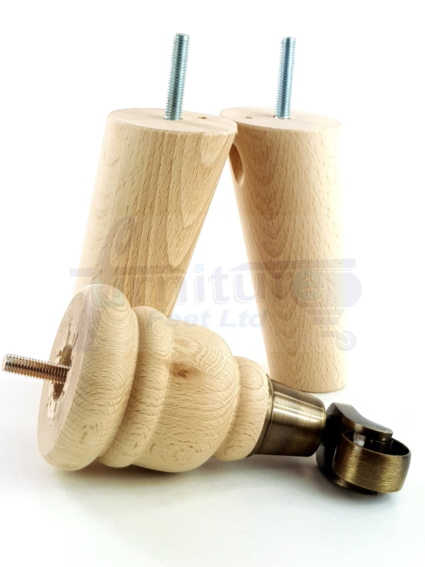Raw Turned Wood Replacement Furniture Legs 2x with Antique Castors and 2x Angled Back Legs M8 Dowl Fitting 155mm High 6 Inches