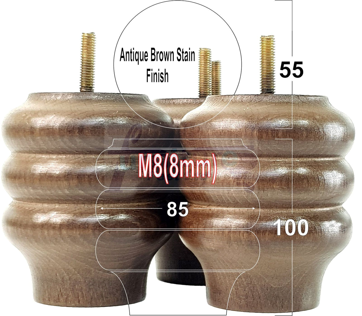 Set Of 4 Solid Wood Turned Furniture Legs Replacement Bun Feet 100mm High 8mm Thread