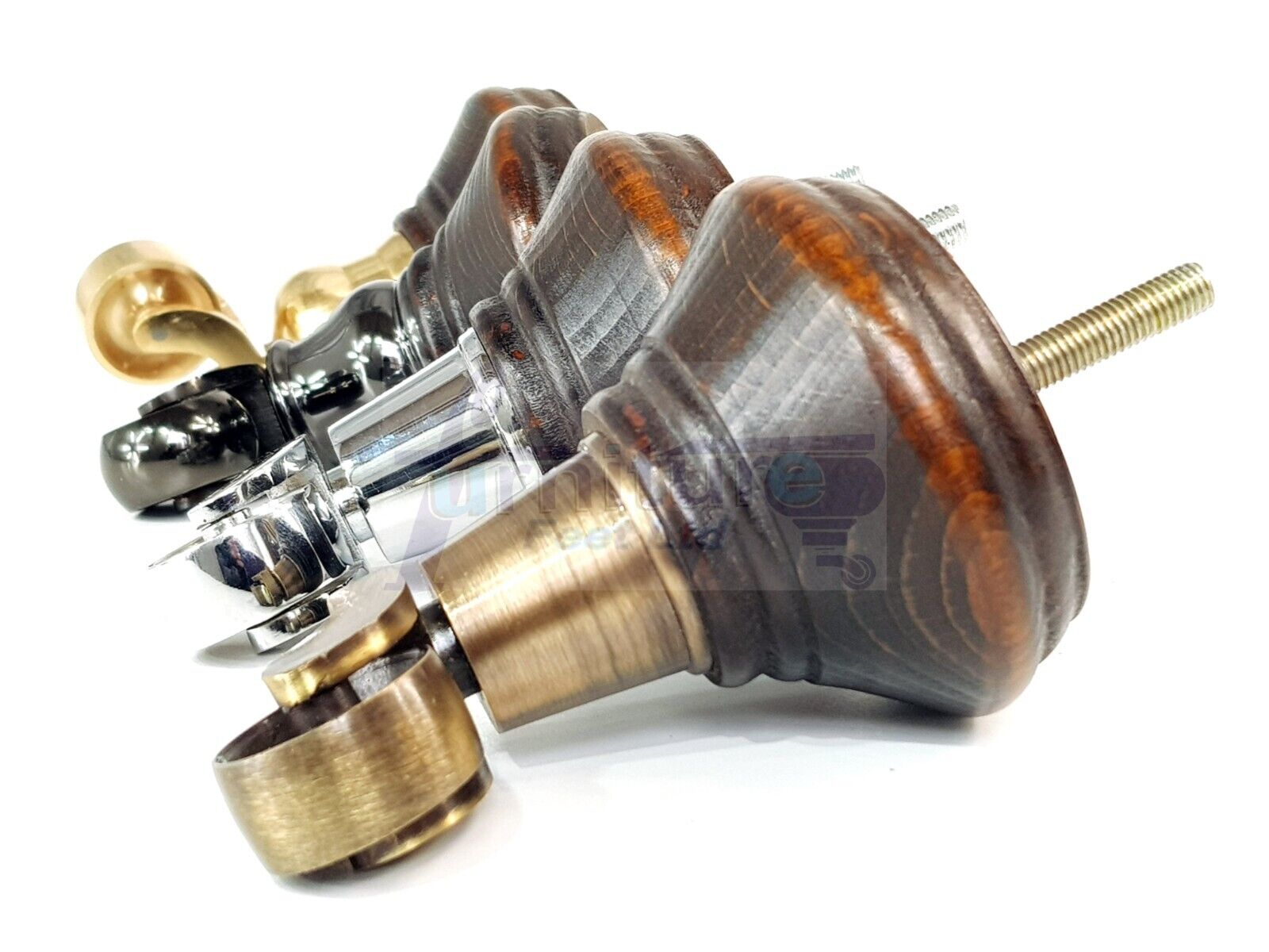 4x Dark Walnut Washed Wooden Furniture Sofa Legs M8 With Castors Replacement Chair Settee Feet 115mm - 125mm High