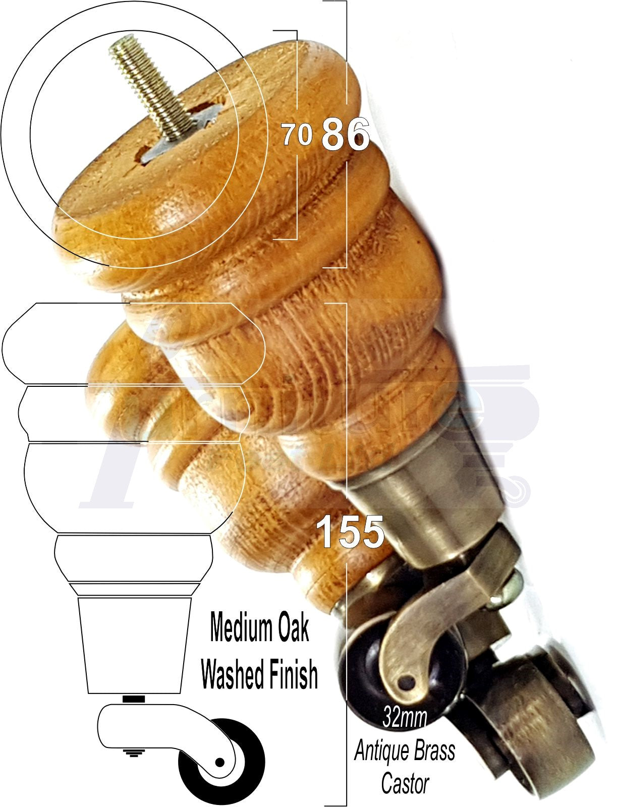 4 Turned Wood Furniture Feet With Antique Brass Castors 155mm Legs Sofas Chairs Stools Cabinets Beds M8 6 Inches