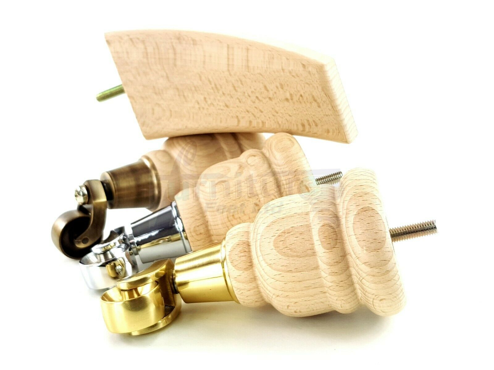 Turned Furniture Feet 2 With Castors 155mm and 2 Curved Back Legs Raw Wood for Sofas Chairs Stools Cabinets Beds M8 6 Inches