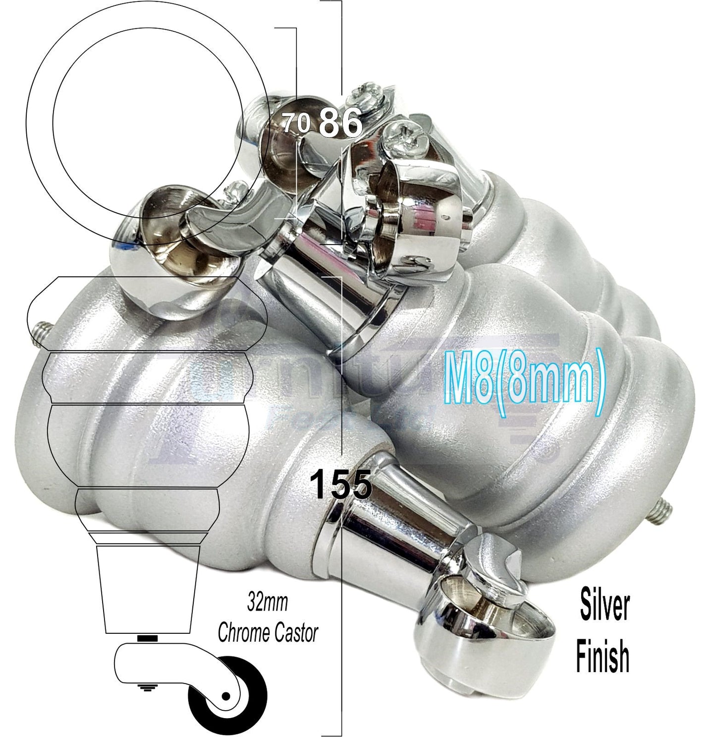 4 Turned Wood Furniture Feet With Chrome Castors 155mm Legs Sofas Chairs Stools Cabinets Beds M8 6 Inches