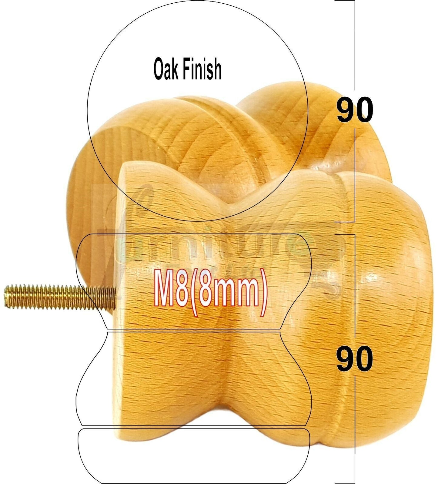 4x Turned Solid Wood Furniture Legs Replacement Bun Feet 90mm High 8mm Thread