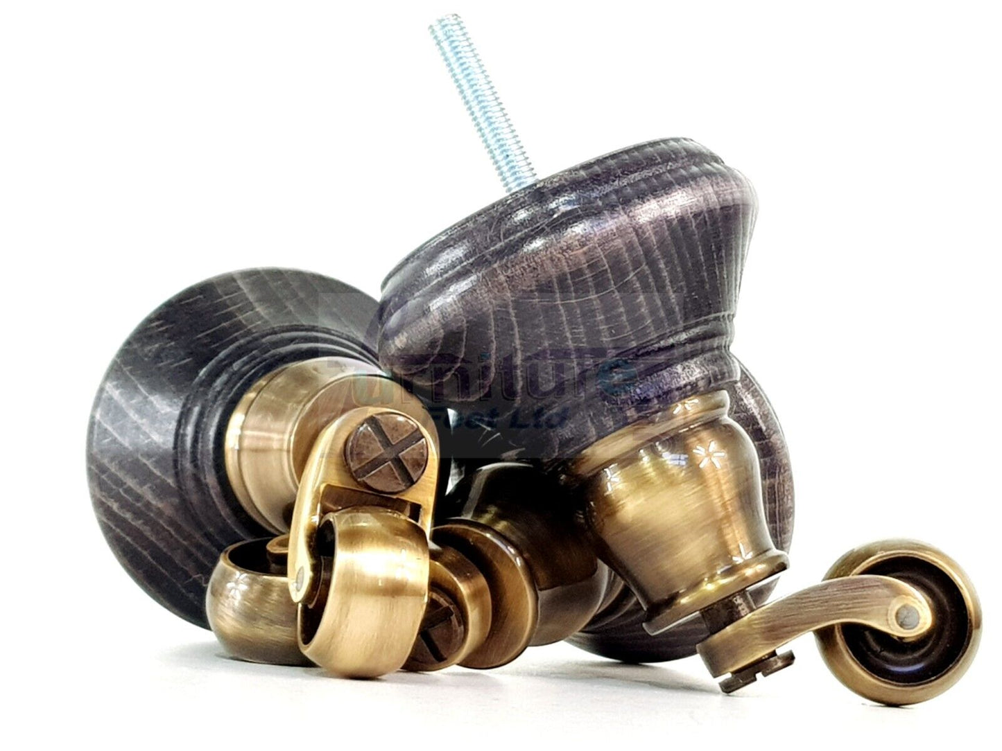 4x Black Washed Wooden Furniture Sofa Legs M8 With Castors Replacement Chair Settee Feet 115mm - 125mm High