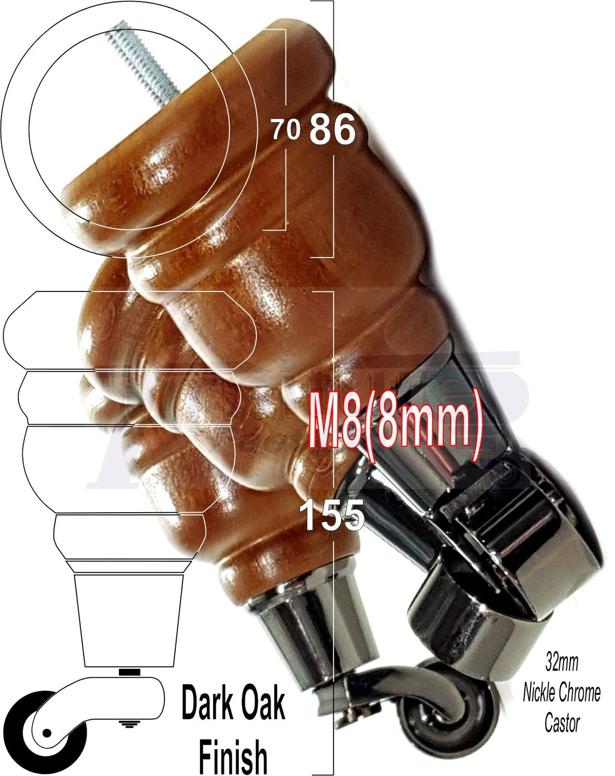 4 Turned Wooden Replacement Furniture Legs with Castors 6 Inch 155mm High Sofa Feet M8 Dowl Fixing - Black Castor