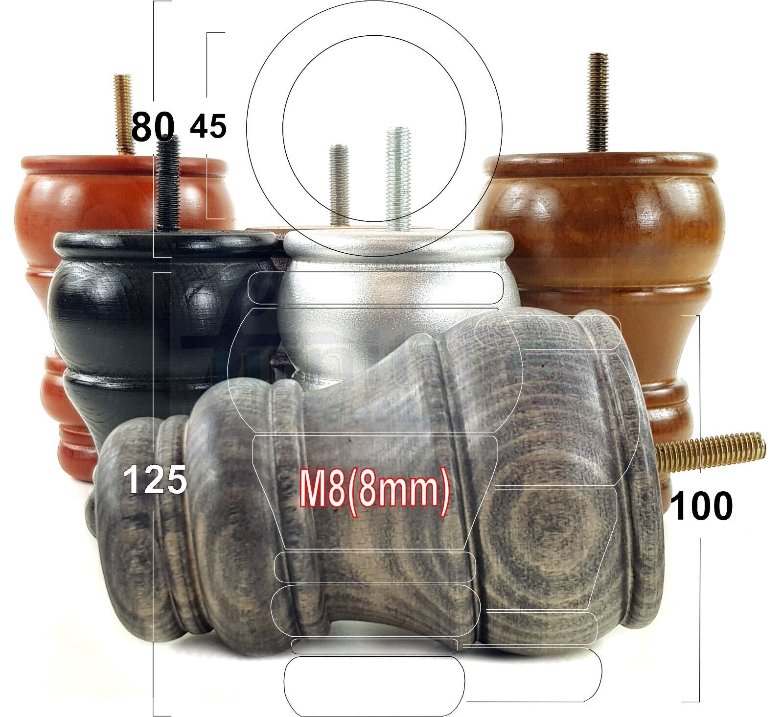 4 Turned Wood Furniture Chair Legs M8 Replacement Sofa Settee Feet 125mm High