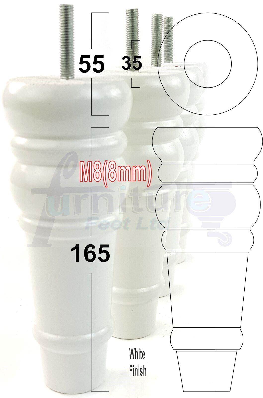4 Wood Turned Furniture Legs Replacement Bun Feet 165mm High Multiple Colours 6.5 Inches Chairs Stools Sofa's Beds Settee Cabinets M8