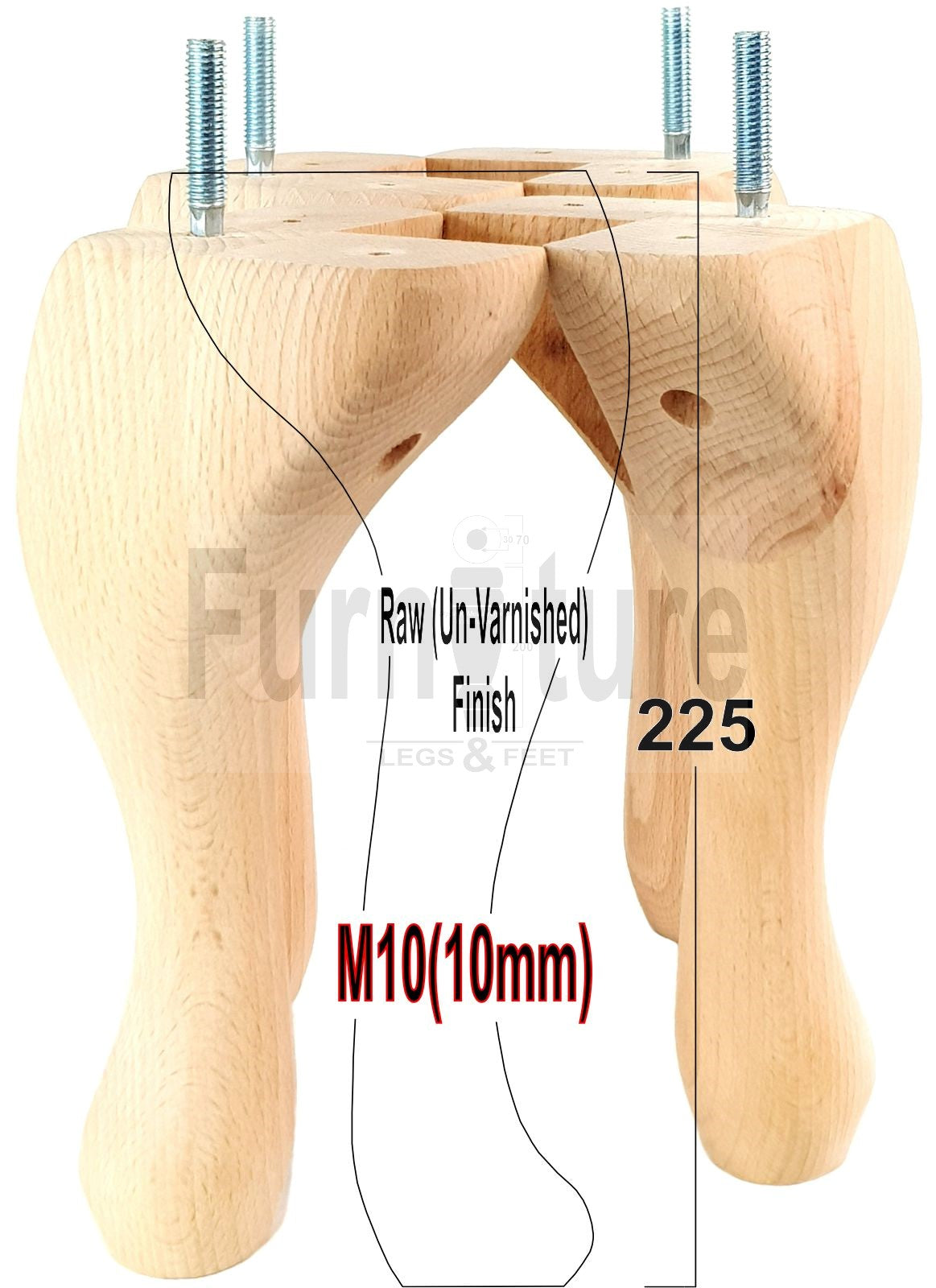 4 Solid Wood Furniture Legs 225mm High Queen Anne Replacement Feet Chairs Settees Sofas M10 Thread