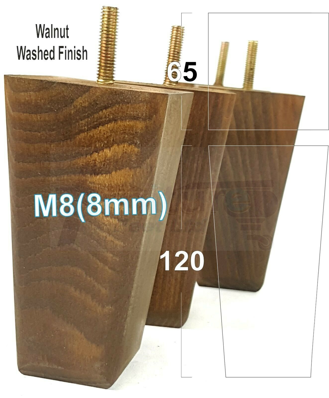 4x Wooden Furniture Legs 120mm High Replacement Square Tapered Feet 8mm