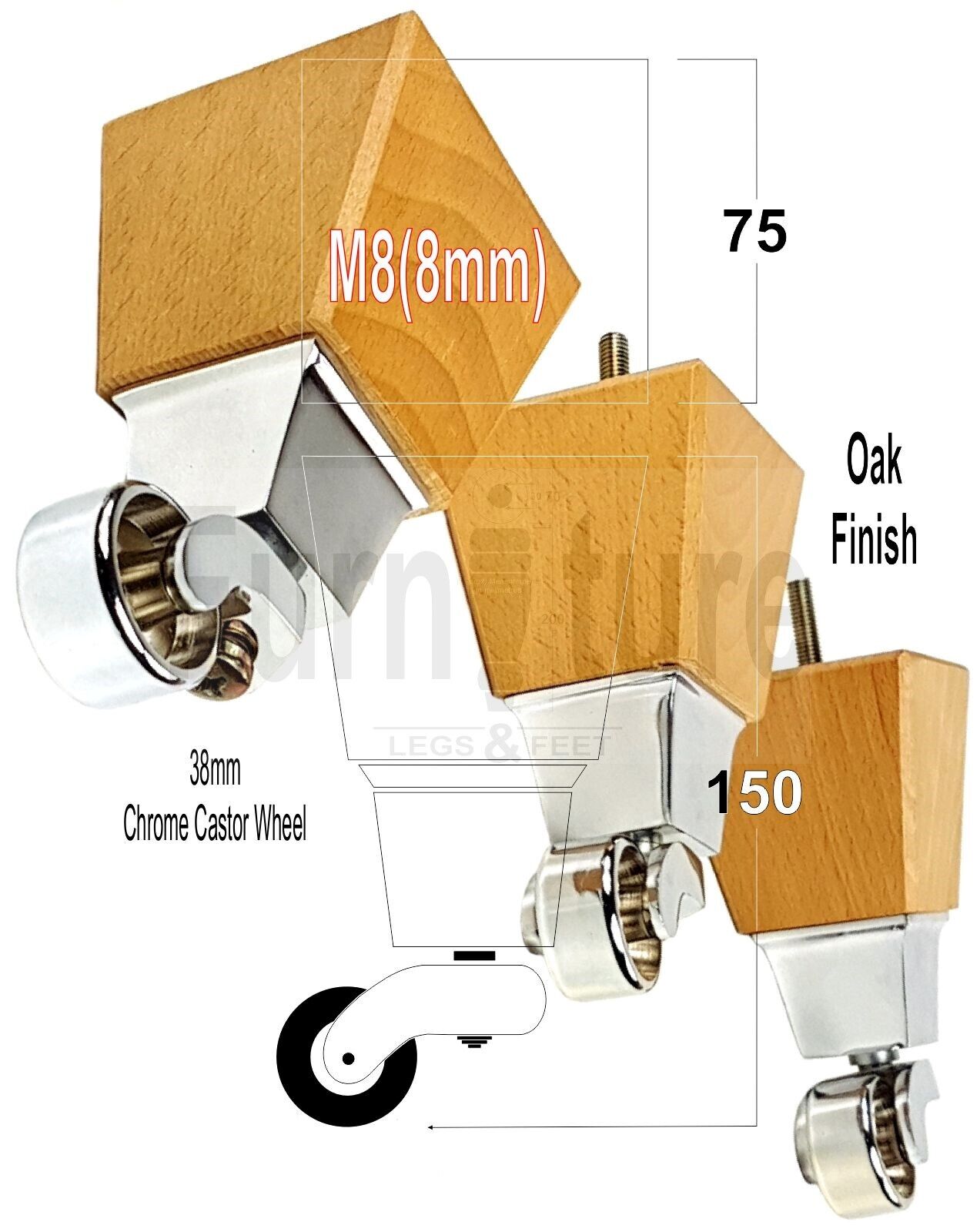 4x Block Wood Furniture Legs With Chrome Castors For Sofa Chairs Settees 8mm Thread 150mm High