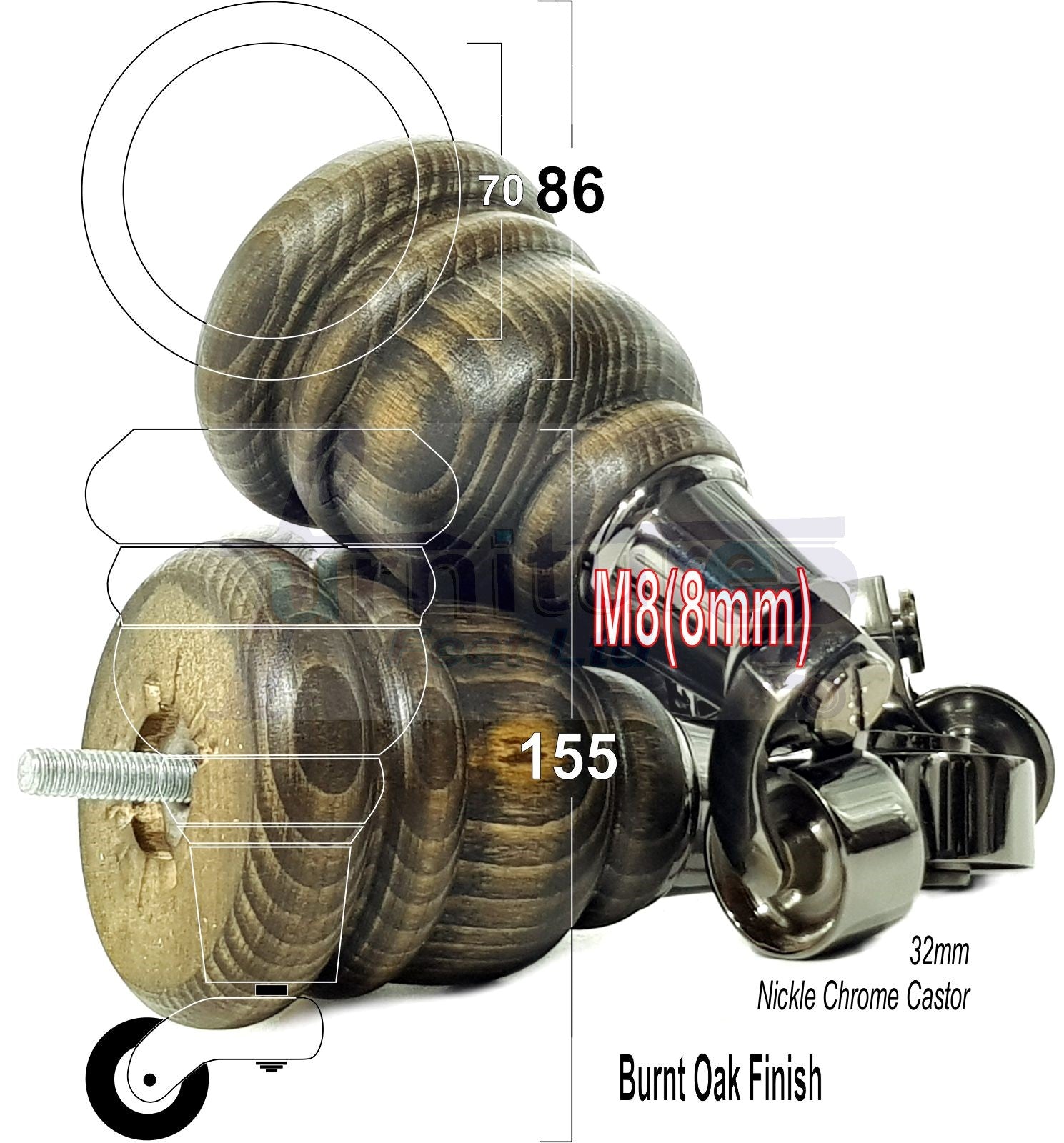 4 Turned Wood Furniture Feet With Black Chrome Castors 155mm Legs Sofas Chairs Stools Cabinets Beds M8 6 Inches