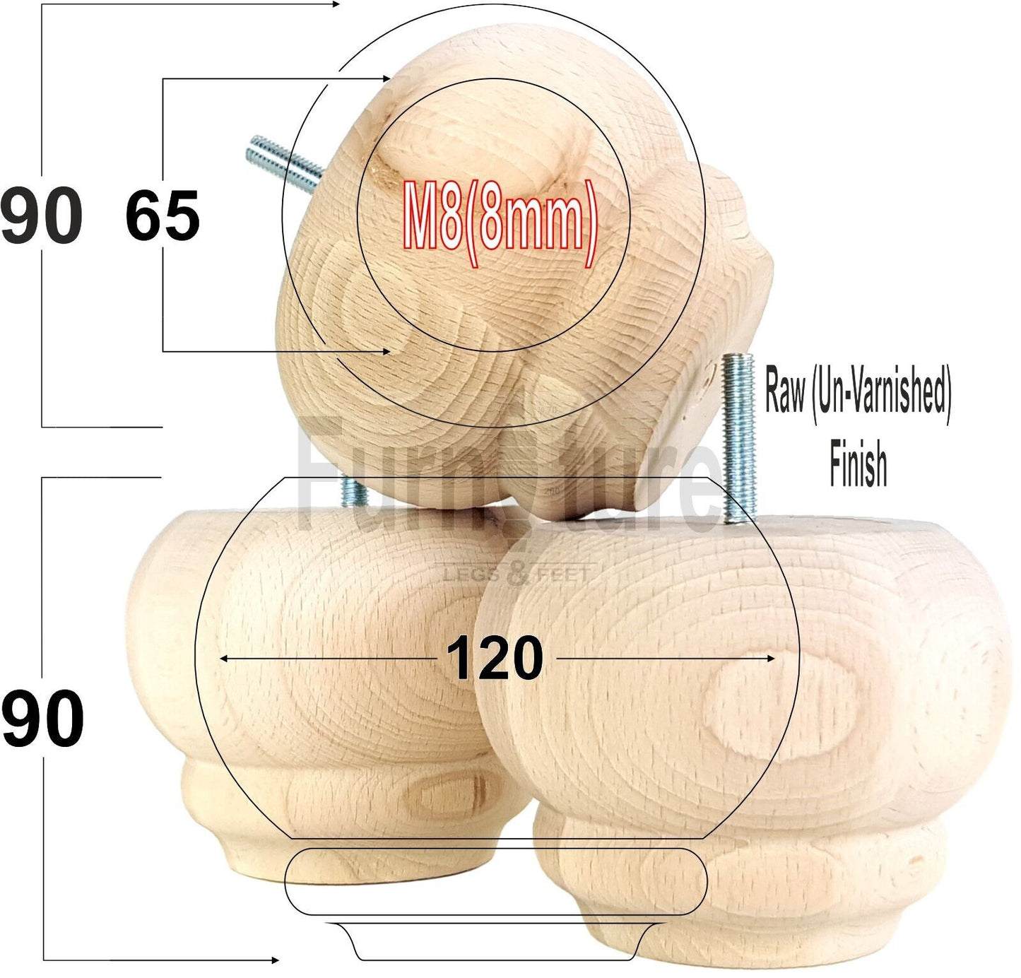 Set Of 4 Turned Wooden Furniture Legs Replacement Feet 90mm High 8mm Thread
