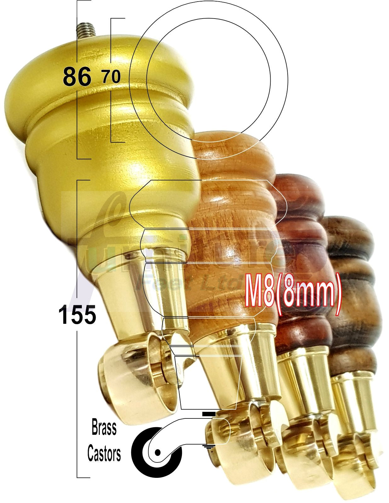 4 Turned Wood Furniture Feet With Brass Castors 155mm Legs Sofas Chairs Stools Cabinets Beds M8 6 Inches