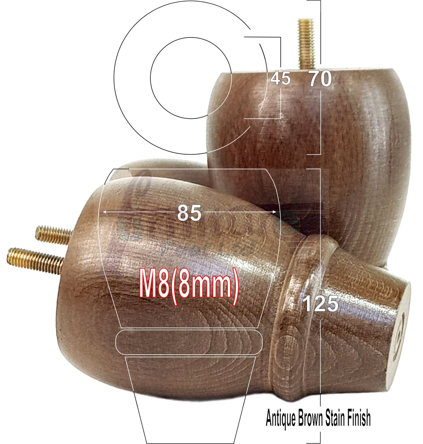 Set Of 4 Solid Wood Turned Replacement Furniture Legs 125mm High 8mm Thread