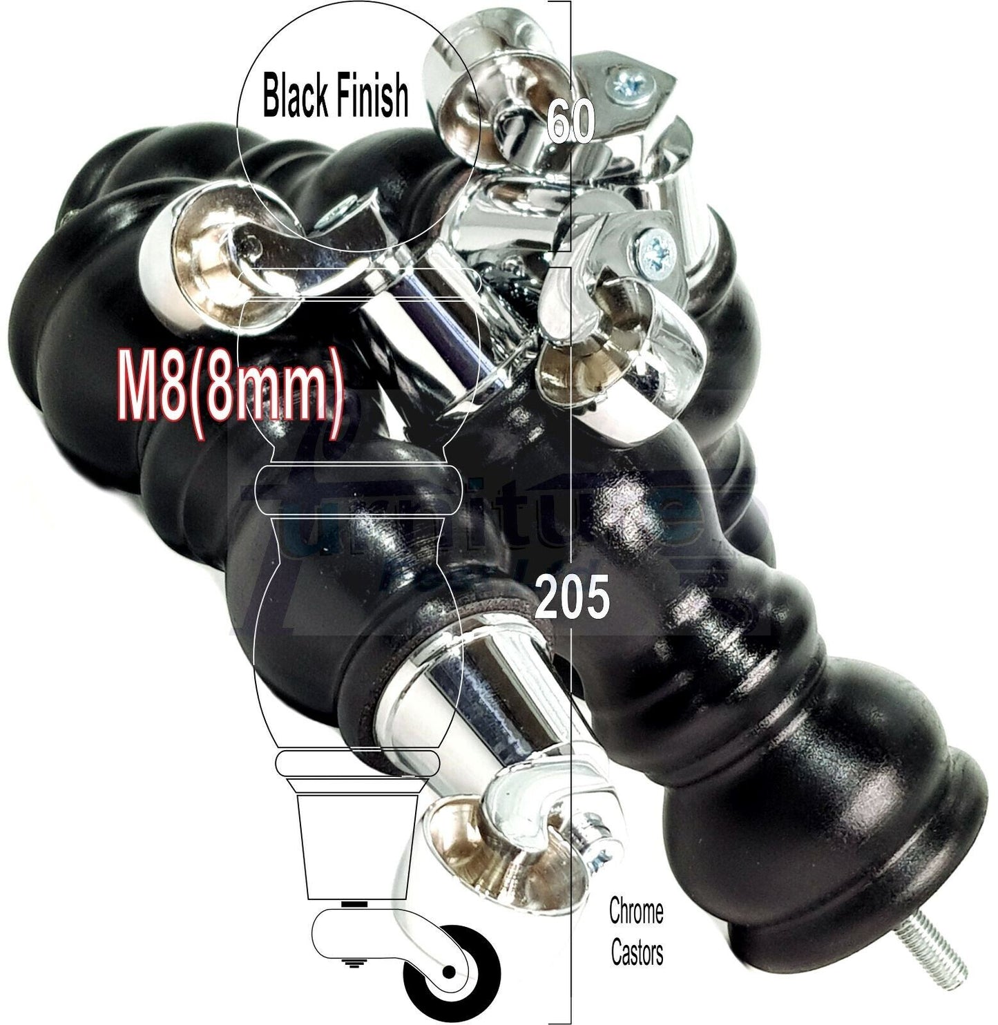 4x Furniture Feet With Castor 205mm High Legs Black Wood M8 Sofas Chairs Stools Cabinets 8 Inches Tall