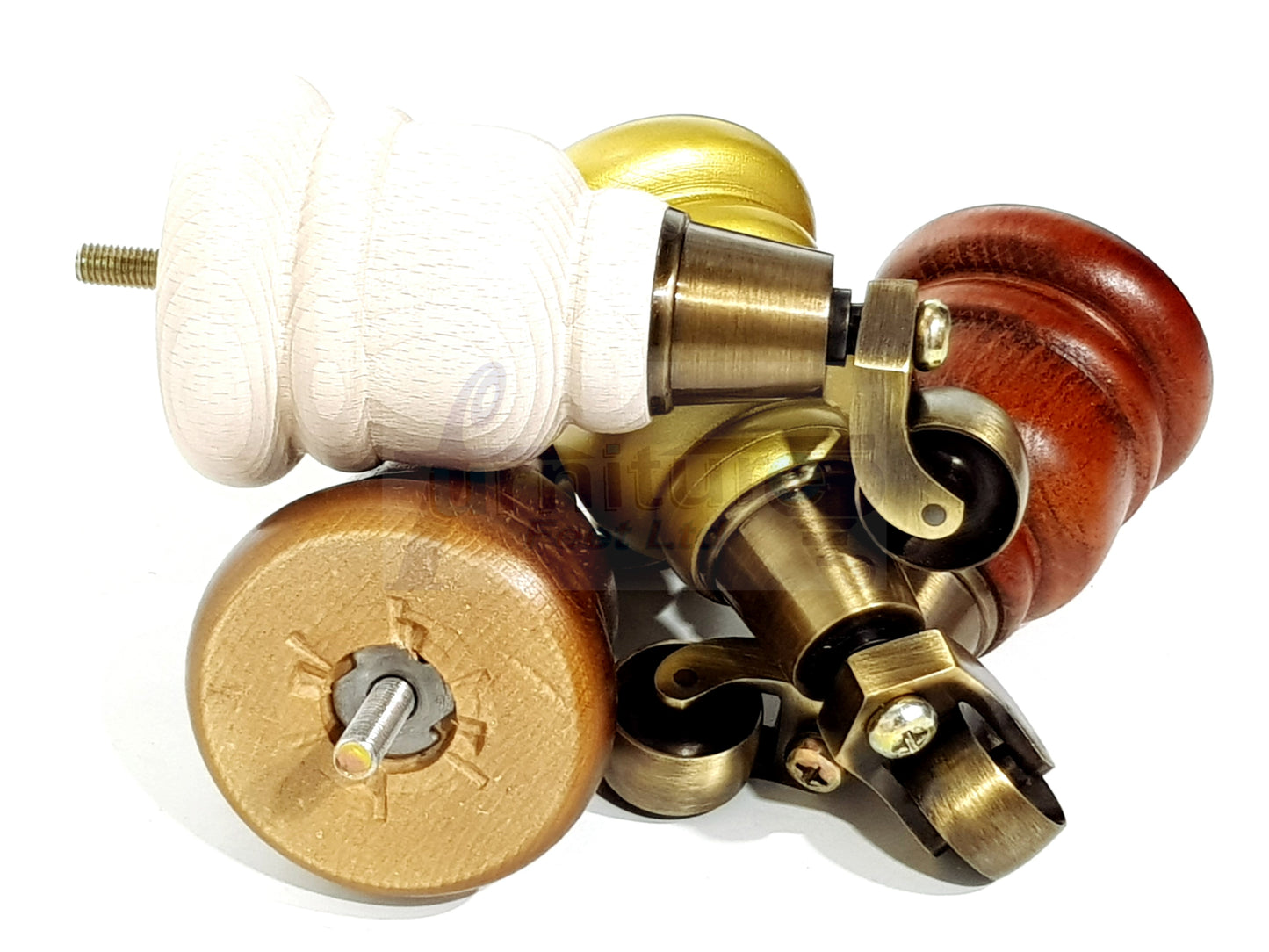 4 Turned Wood Furniture Feet With Antique Brass Castors 155mm Legs Sofas Chairs Stools Cabinets Beds M8 6 Inches