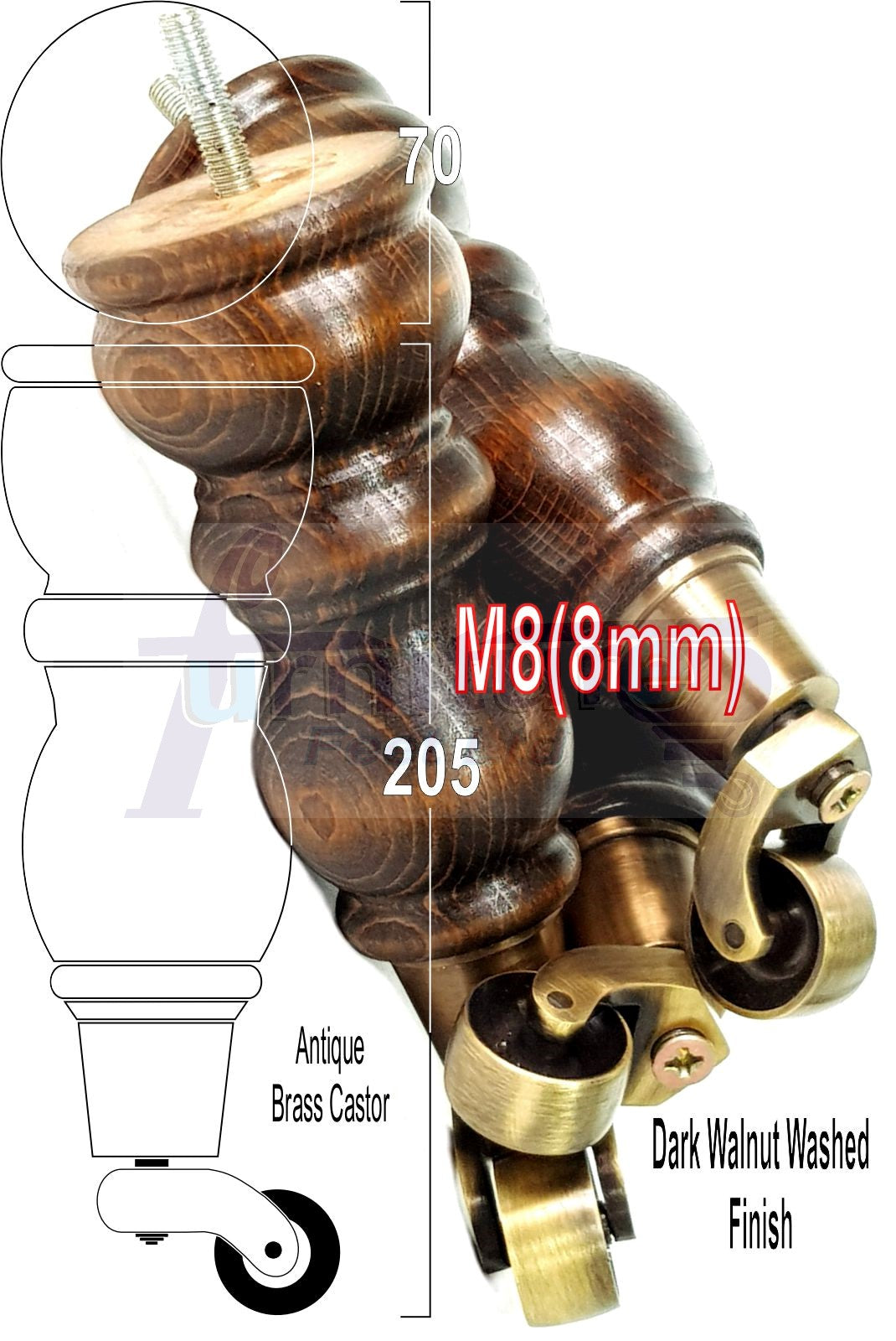 4x Solid Wooden Furniture Legs with Castor 205mm 8 Inches High Walnut Replacement Feet 8mm Threaded Dowl Fix