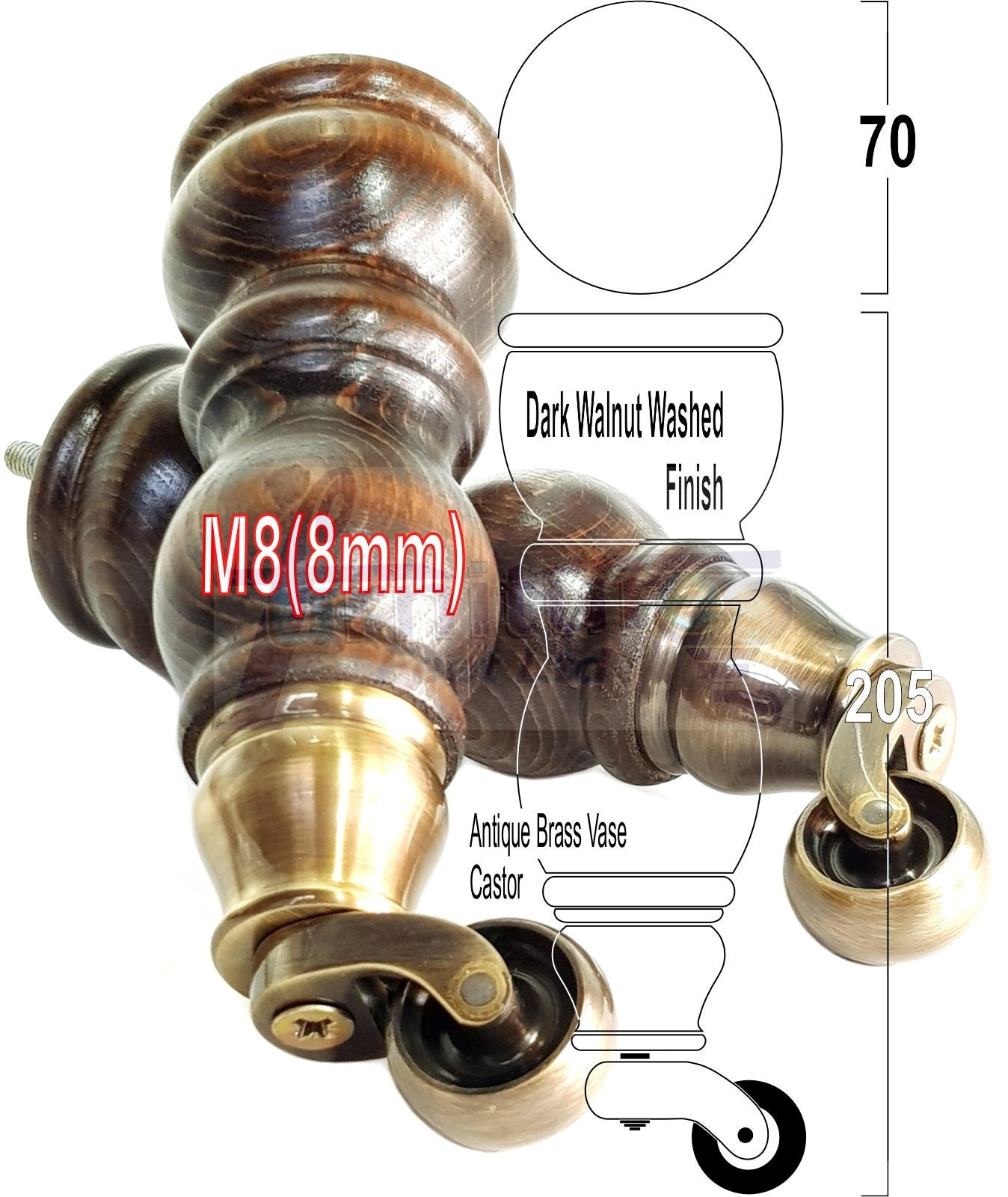 4x Solid Wooden Furniture Legs with Castor 205mm 8 Inches High Walnut Replacement Feet 8mm Threaded Dowl Fix