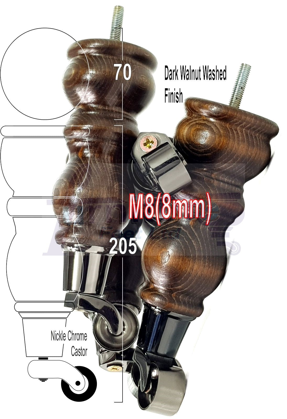 4x Solid Wooden Furniture Legs with Castor 205mm 8 Inches High Walnut Replacement Feet 8mm Threaded Dowl Fix