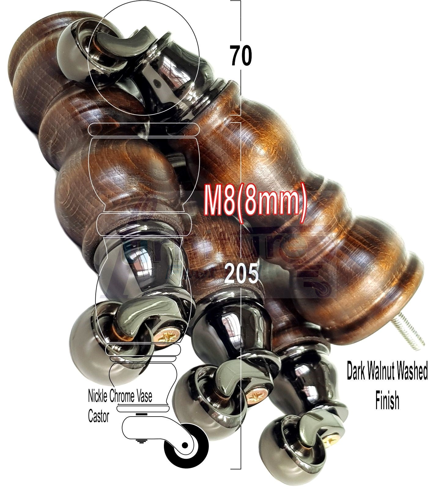 4x Solid Wooden Furniture Legs with Castor 205mm 8 Inches High Walnut Replacement Feet 8mm Threaded Dowl Fix