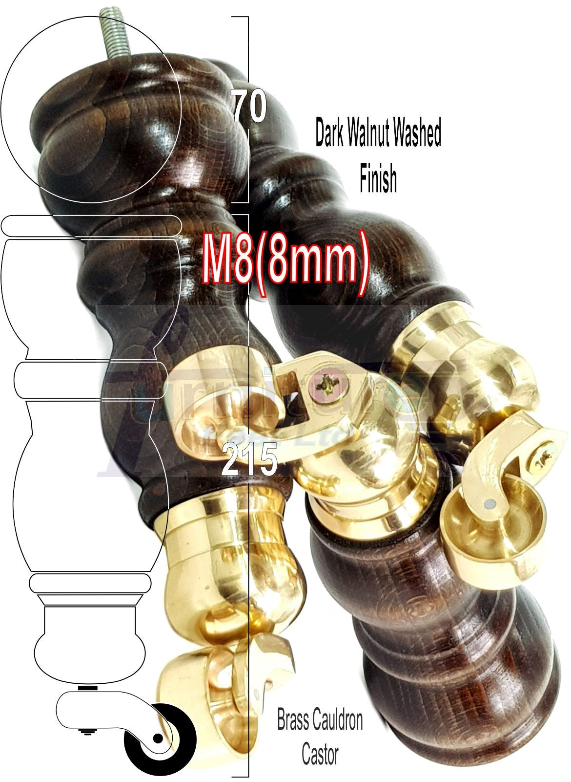 4x Solid Wooden Furniture Legs with Castor 205mm 8 Inches High Walnut Replacement Feet 8mm Threaded Dowl Fix