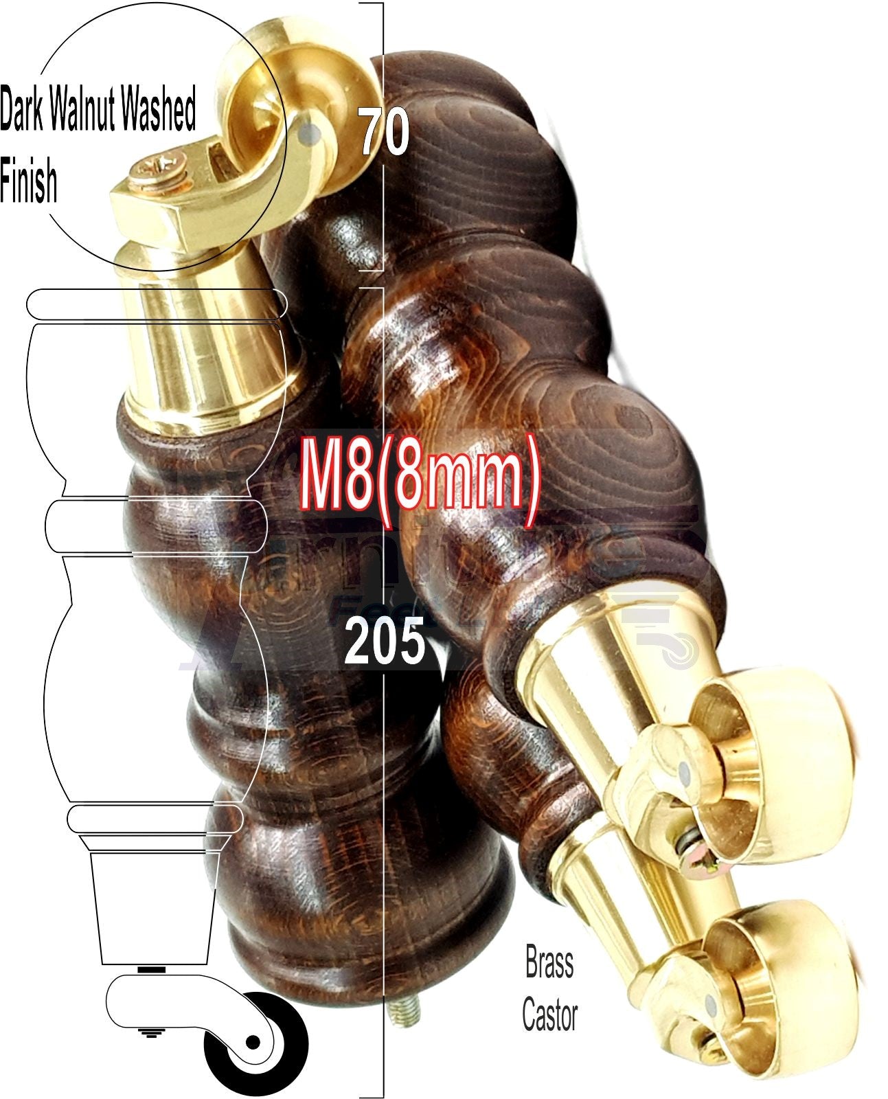 4x Solid Wooden Furniture Legs with Castor 205mm 8 Inches High Walnut Replacement Feet 8mm Threaded Dowl Fix