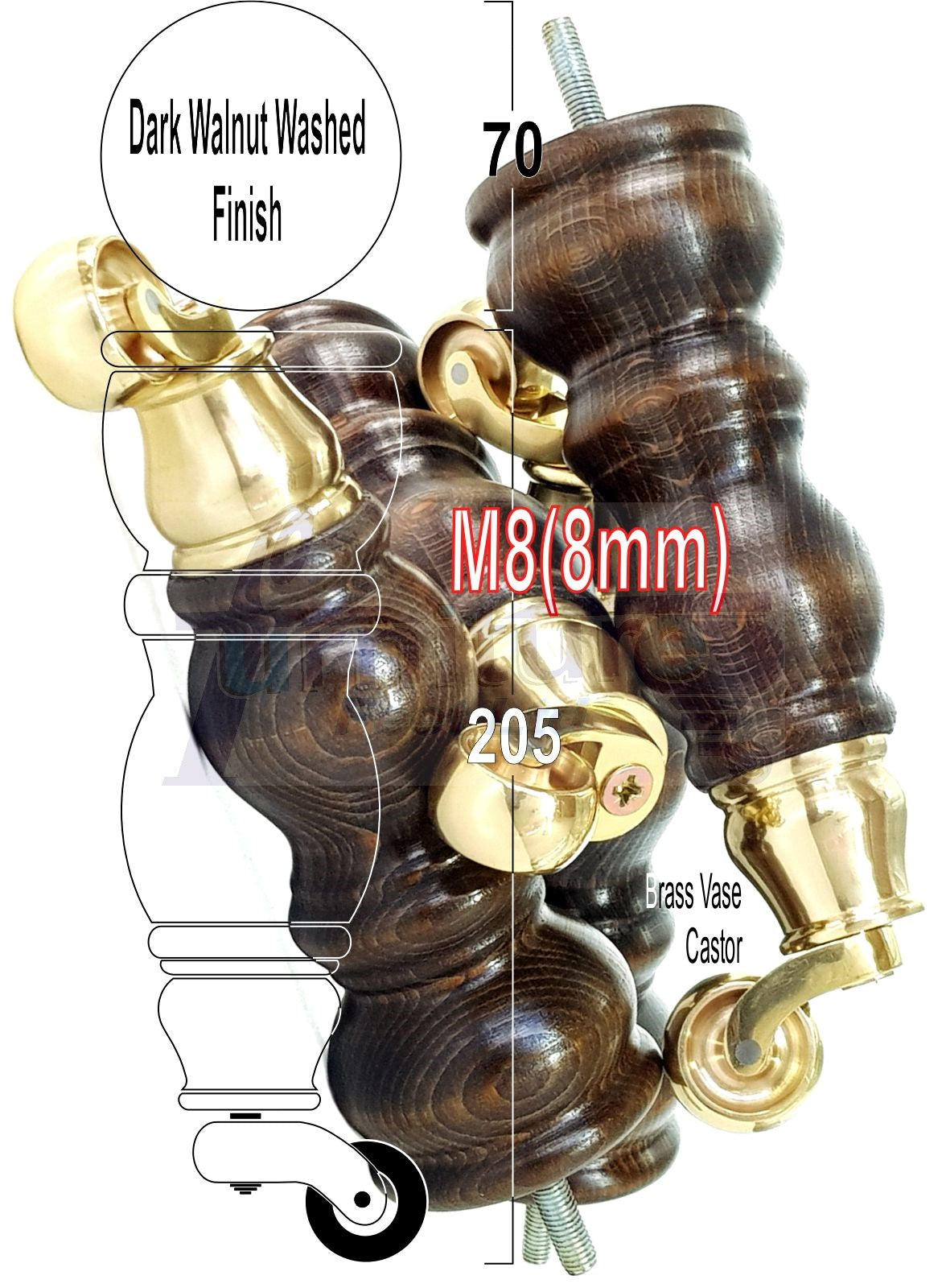 4x Solid Wooden Furniture Legs with Castor 205mm 8 Inches High Walnut Replacement Feet 8mm Threaded Dowl Fix