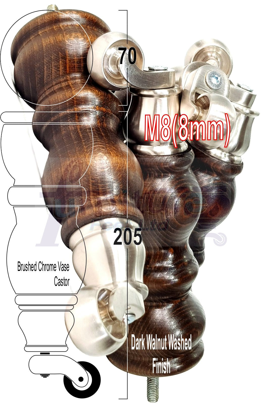 4x Solid Wooden Furniture Legs with Castor 205mm 8 Inches High Walnut Replacement Feet 8mm Threaded Dowl Fix