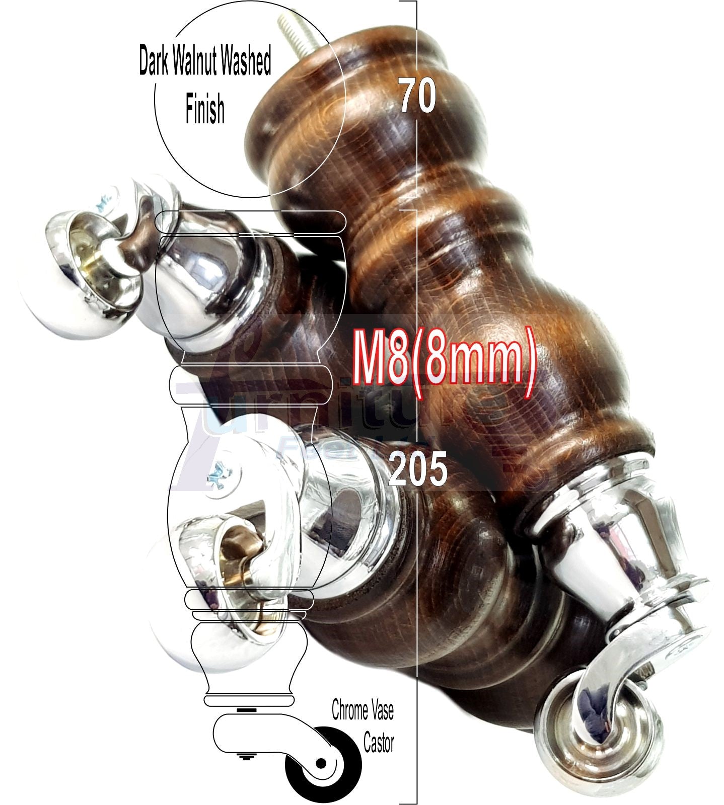 4x Solid Wooden Furniture Legs with Castor 205mm 8 Inches High Walnut Replacement Feet 8mm Threaded Dowl Fix