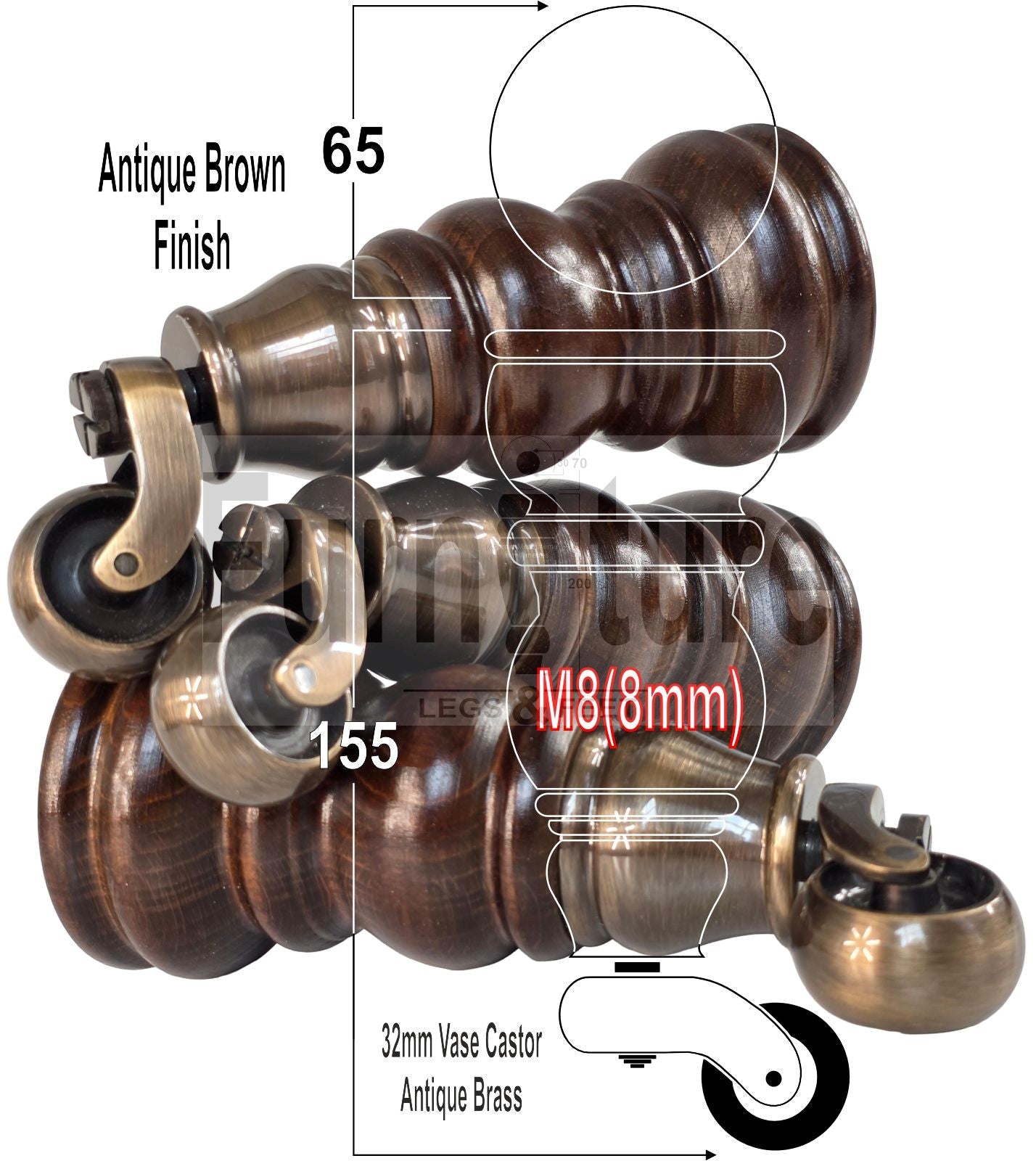 Turned Solid Beech Wood Furniture Legs with Antique Brass Castors Set of 4 Sofa Feet 155mm High M8 Threaded Dowl Fitting
