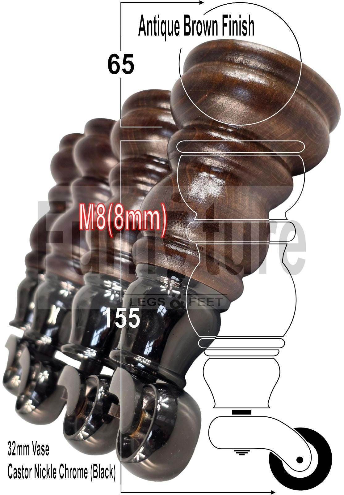 Turned Solid Beech Wood Furniture Legs with Antique Brass Castors Set of 4 Sofa Feet 155mm High M8 Threaded Dowl Fitting
