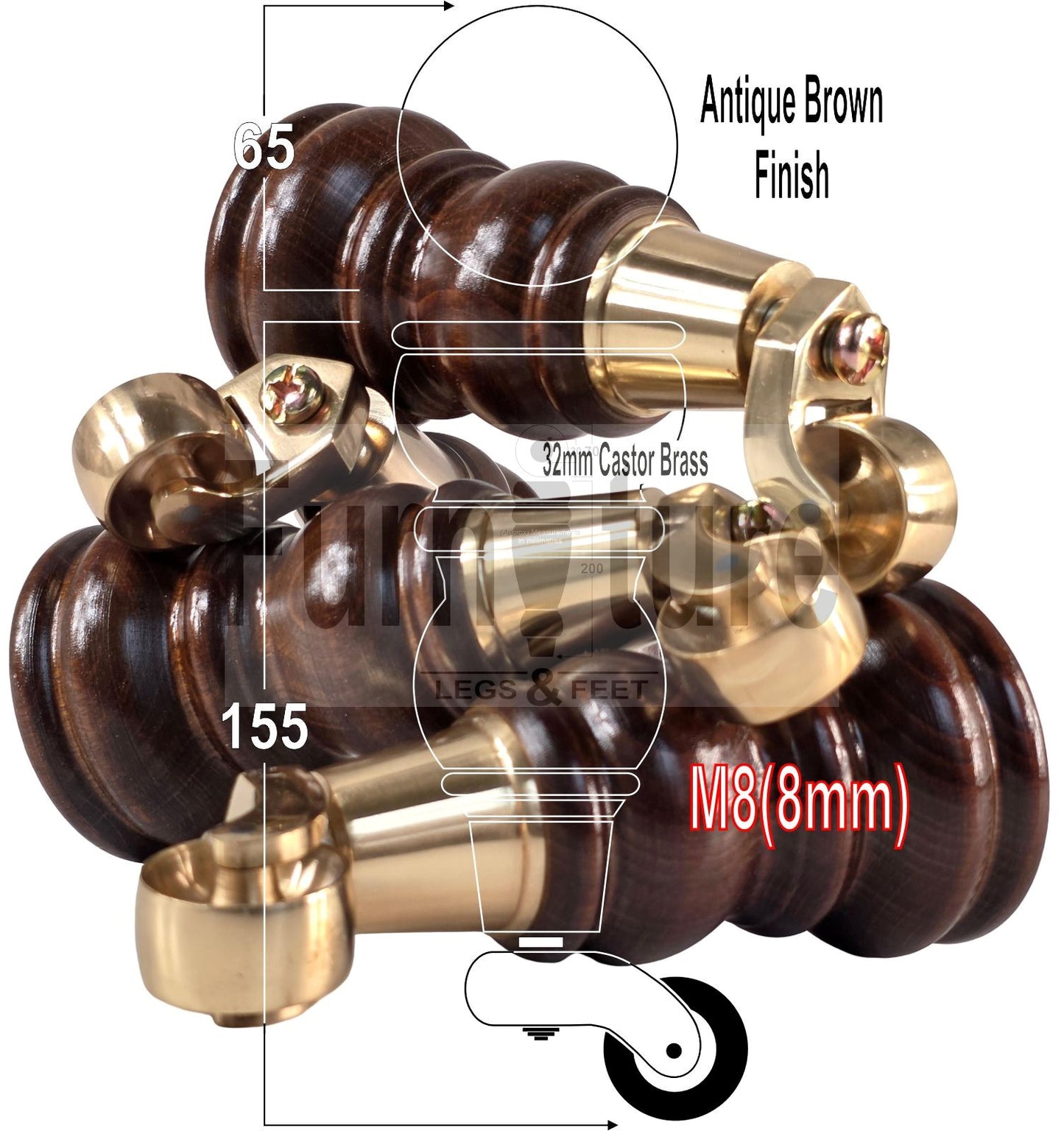 Turned Solid Beech Wood Furniture Legs with Antique Brass Castors Set of 4 Sofa Feet 155mm High M8 Threaded Dowl Fitting