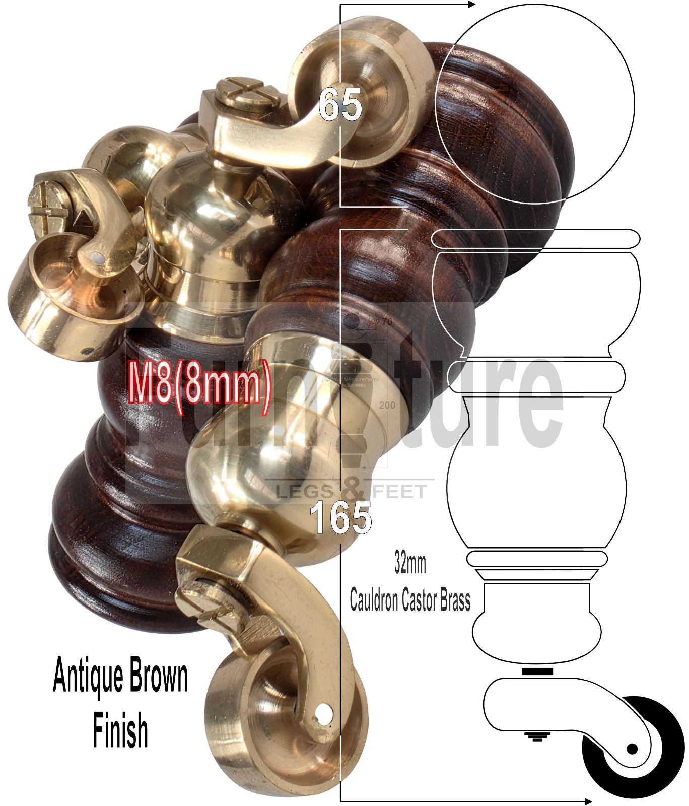 Turned Solid Beech Wood Furniture Legs with Antique Brass Castors Set of 4 Sofa Feet 155mm High M8 Threaded Dowl Fitting