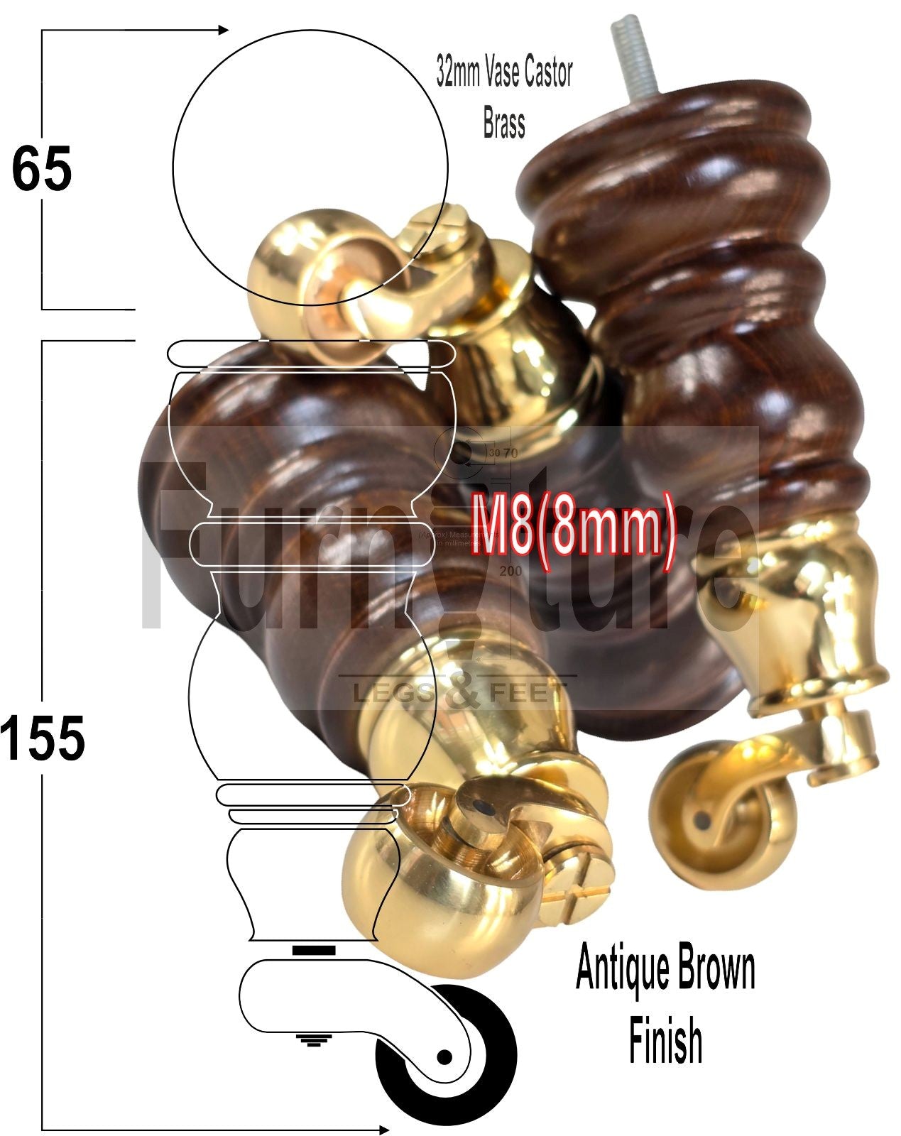 Turned Solid Beech Wood Furniture Legs with Antique Brass Castors Set of 4 Sofa Feet 155mm High M8 Threaded Dowl Fitting