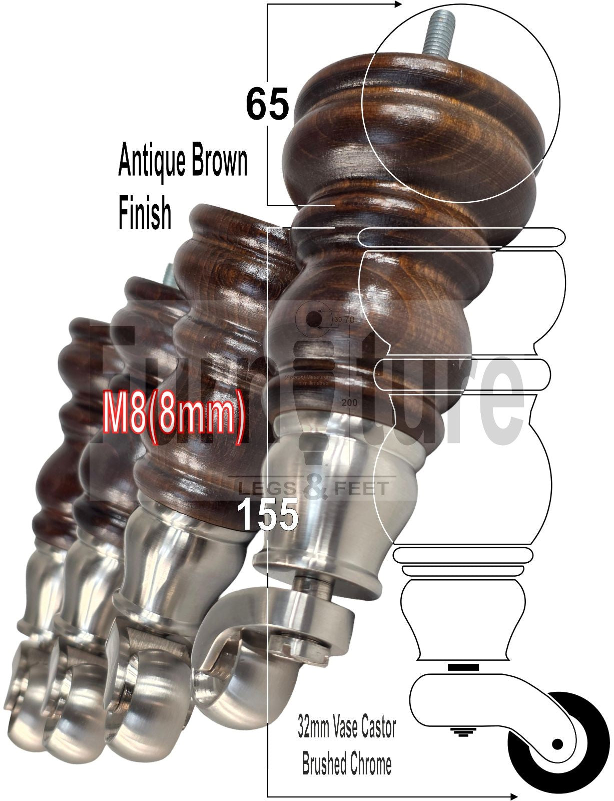 Turned Solid Beech Wood Furniture Legs with Antique Brass Castors Set of 4 Sofa Feet 155mm High M8 Threaded Dowl Fitting