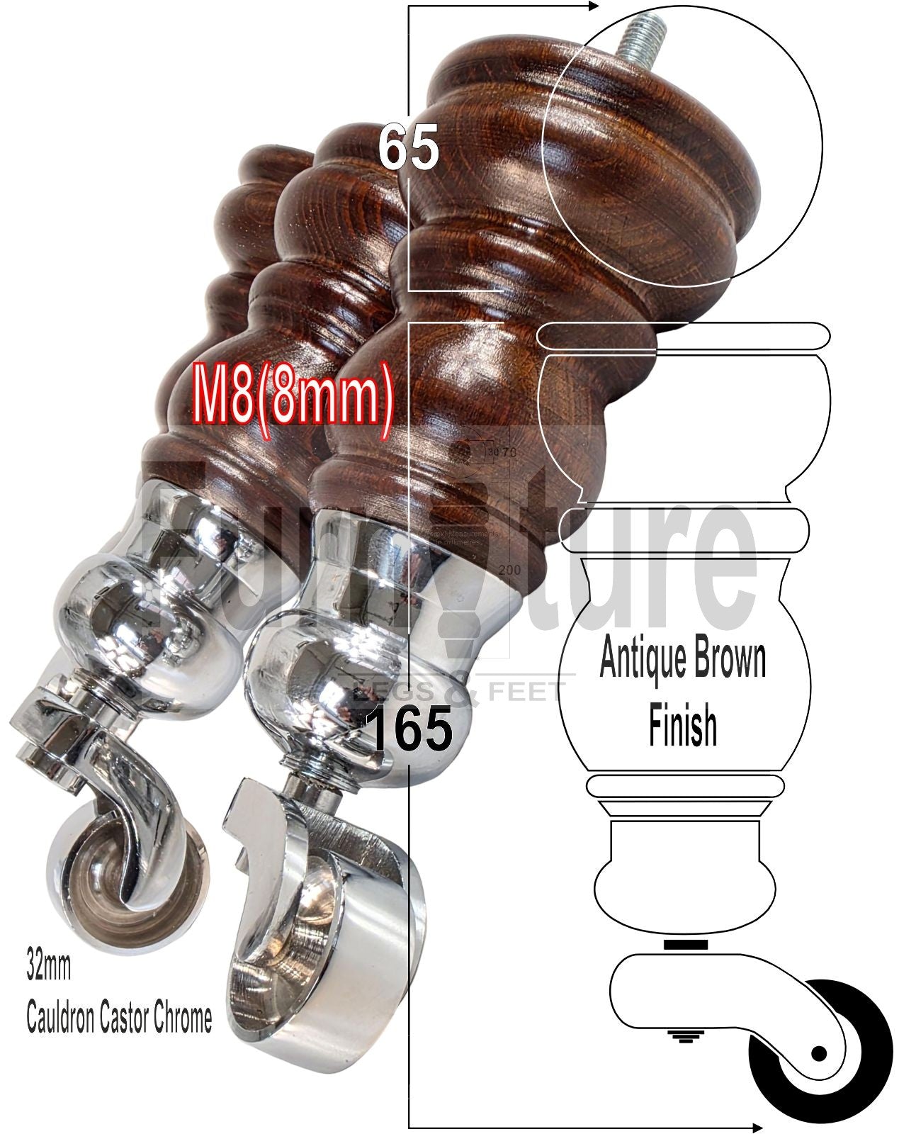 Turned Solid Beech Wood Furniture Legs with Antique Brass Castors Set of 4 Sofa Feet 155mm High M8 Threaded Dowl Fitting