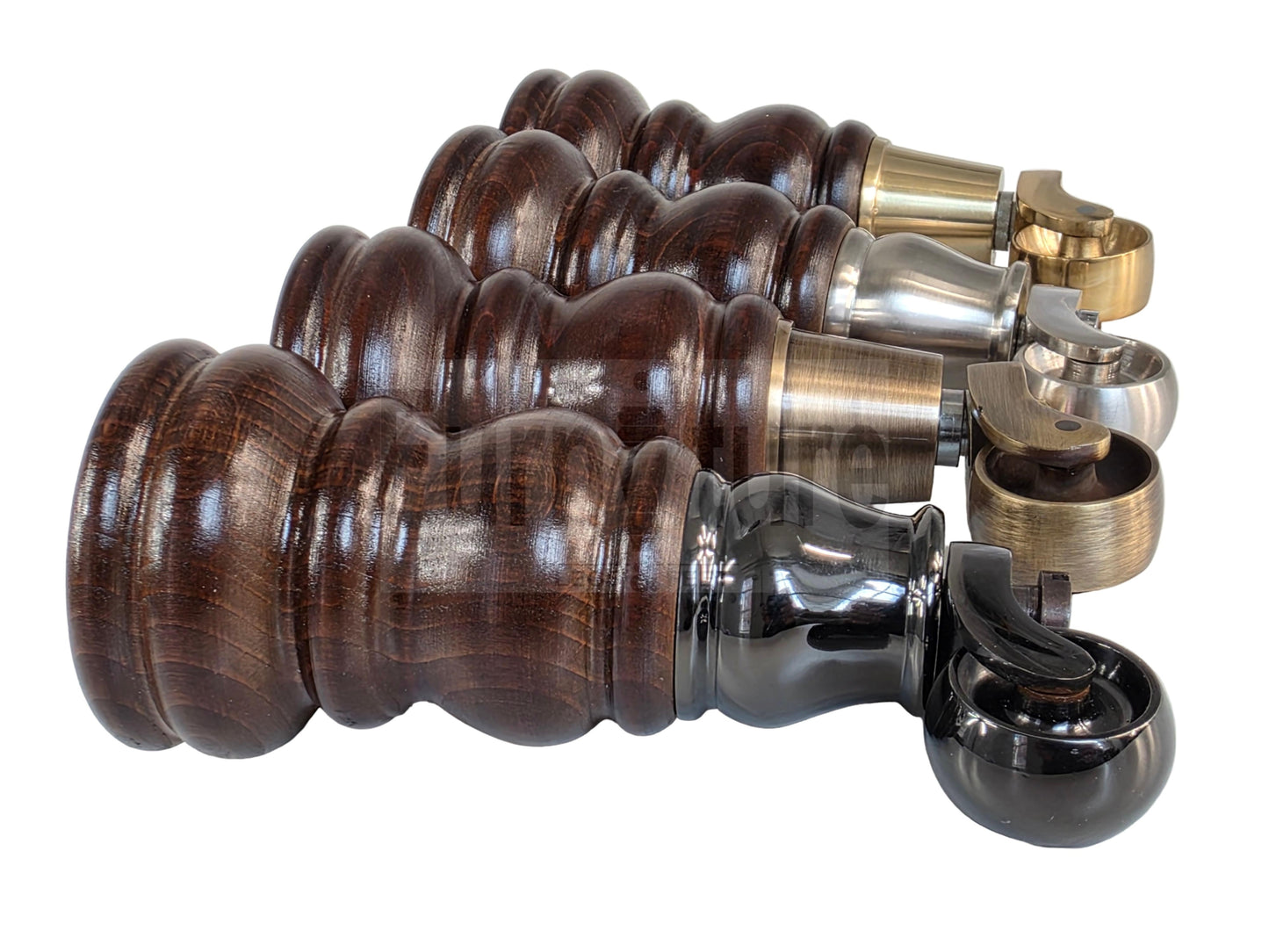 Turned Solid Beech Wood Furniture Legs with Antique Brass Castors Set of 4 Sofa Feet 155mm High M8 Threaded Dowl Fitting