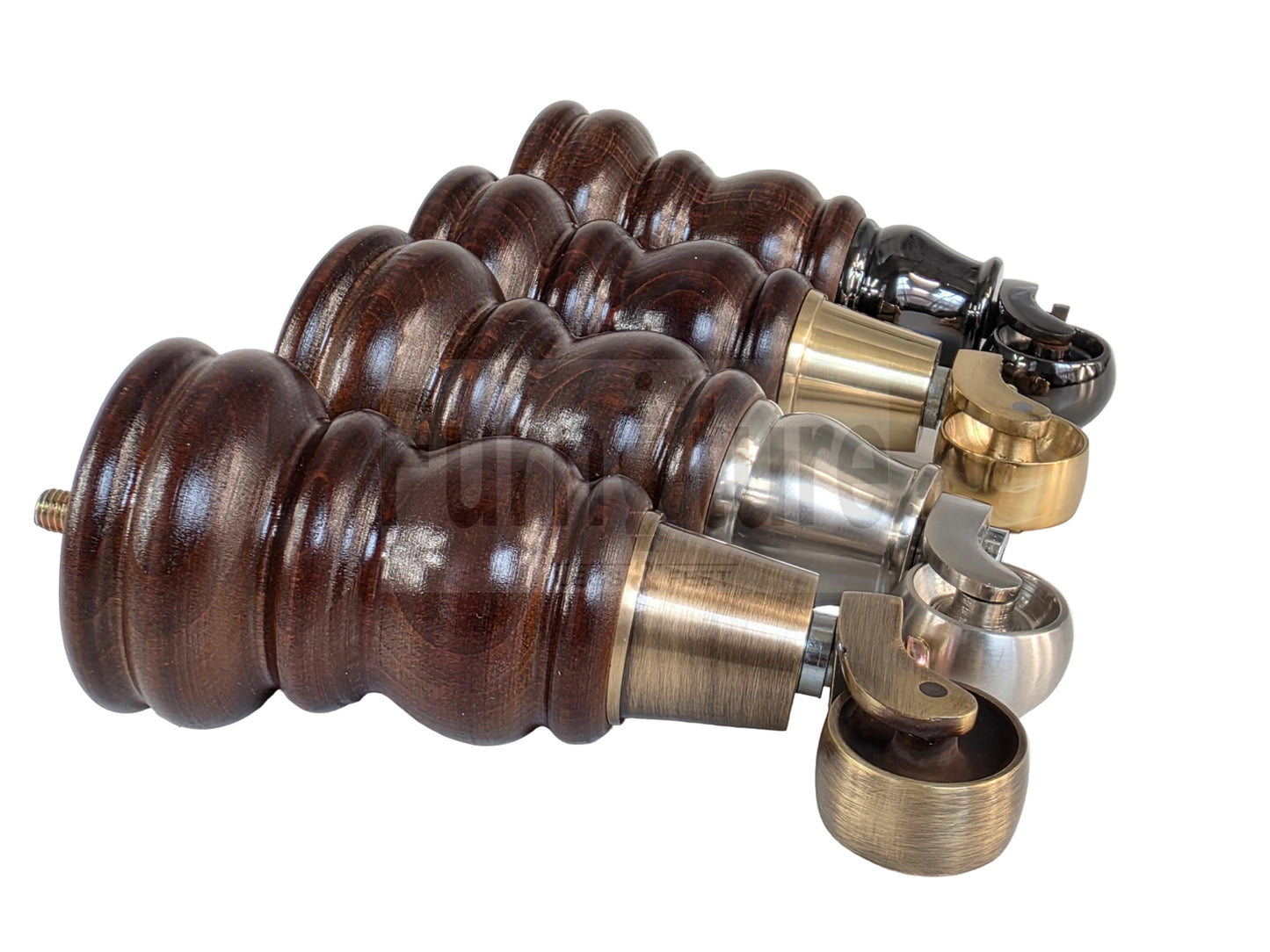 Turned Solid Beech Wood Furniture Legs with Antique Brass Castors Set of 4 Sofa Feet 155mm High M8 Threaded Dowl Fitting